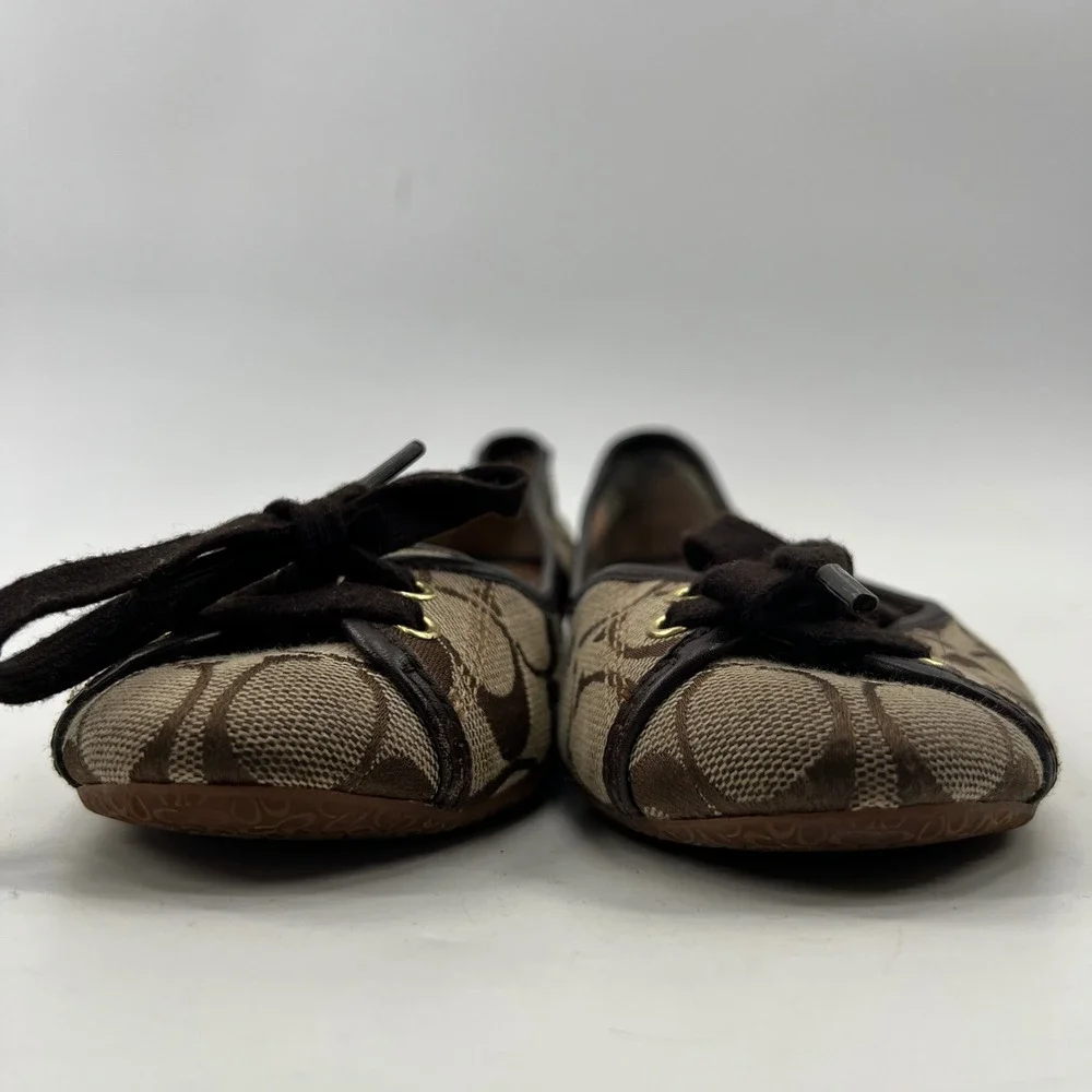 Y2K Coach Vintage Ballet Flats 7.5 Brown Monogram Lace Front Canvas Leather